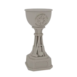 3D model of a stone-colored croquet trophy with crossed mallets and a ball on its base, featuring a circular emblem on the cu