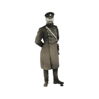 3D model of a vintage military officer in a dark uniform, standing with hands behind his back, sepia tone.