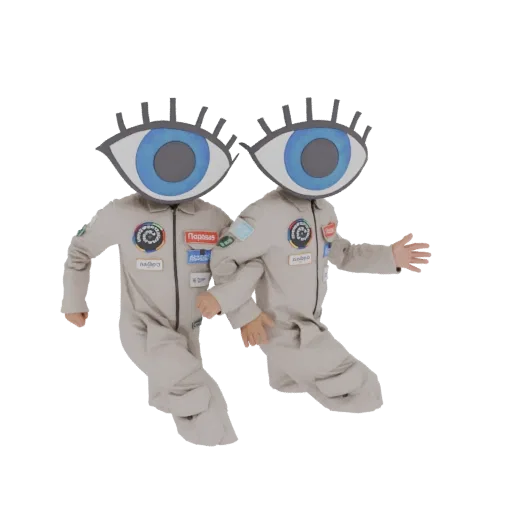 3D модель двух фигур в комбинезонах с большими мультяшными масками на глазах, позирующих как будто идут.