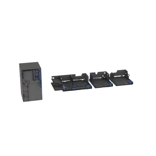 3D модель модульной промышленной насосной станции, показывающая высокий блок управления и три соединяемые базовые секции с тр