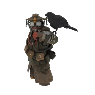 3D модель персонажа Bloodhound из Apex Legends в маске с птицей на плече, на белом фоне.