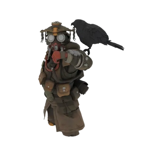 3D модель персонажа Bloodhound из Apex Legends в маске с птицей на плече, на белом фоне.