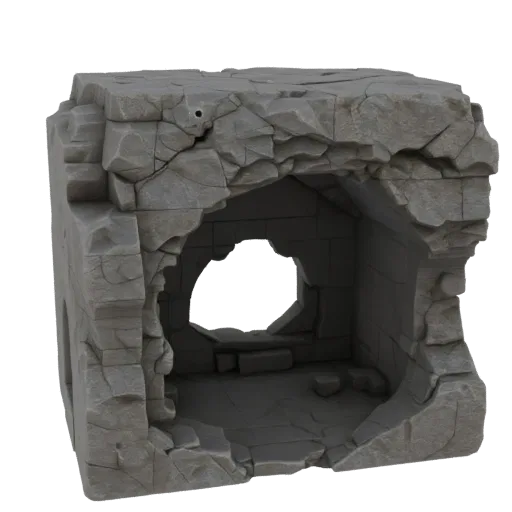 Печатаемая 3D-модель модуля пещерной камеры, изометрический рендер STL для настольных игр, показывающий состаренный камень, п