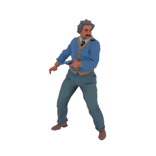 3D модель Альберта Эйнштейна в синем кардигане и серых брюках, держащего лучевой пистолет в динамичной позе.