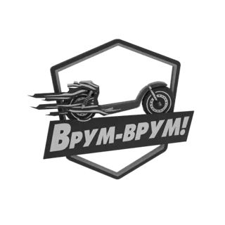 3D модель шестиугольной эмблемы со стилизованным скутером, линиями движения и кириллическим текстом 'Врум-Врум!'