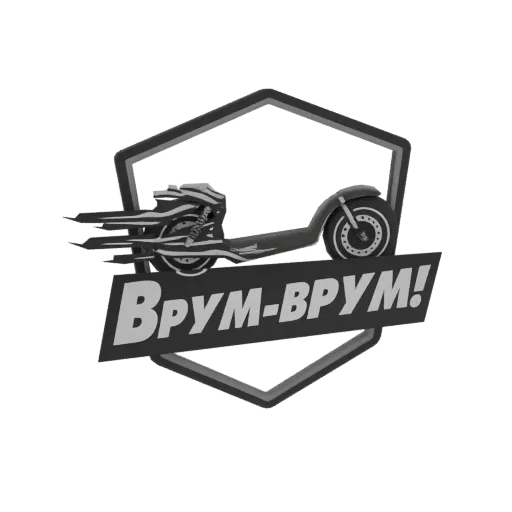 3D модель шестиугольной эмблемы со стилизованным скутером, линиями движения и кириллическим текстом 'Врум-Врум!'