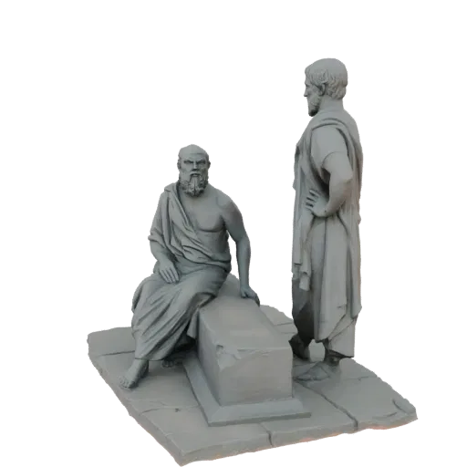3D модель древнегреческих философов Сократа и Платона в виде каменной скульптуры, изображающая момент диалога.