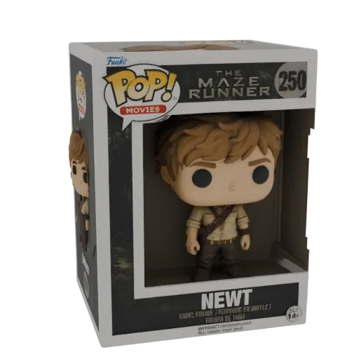 3D модель Ньют из Бегущего в лабиринте, изображенная как виниловая фигурка Funko Pop! в оригинальной упаковке.
