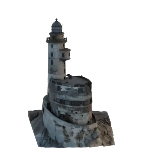 3D модель выветренного, разрушенного маяка на скалистом уступе на темном фоне.