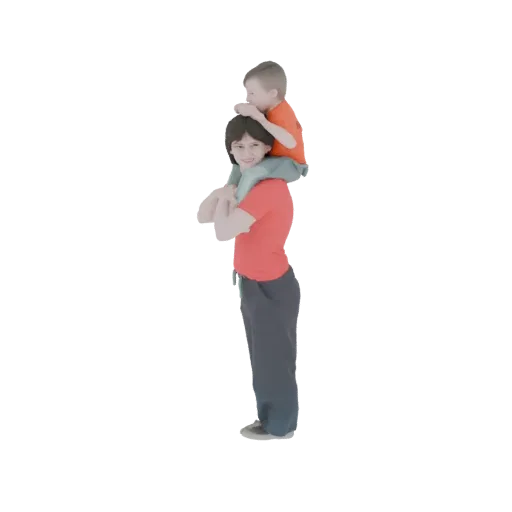 3D модель брата, несущего младшего брата на плечах, оба улыбаются и смотрят вперед.