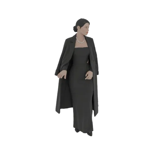 3D модель женщины в длинном черном платье и черном пальто, накинутом на плечи, смотрящей в сторону.