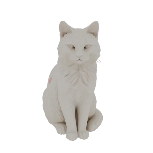 3D модель белого кота, сидящего прямо с едва заметной розовой меткой на боку, смотрящего вперед.