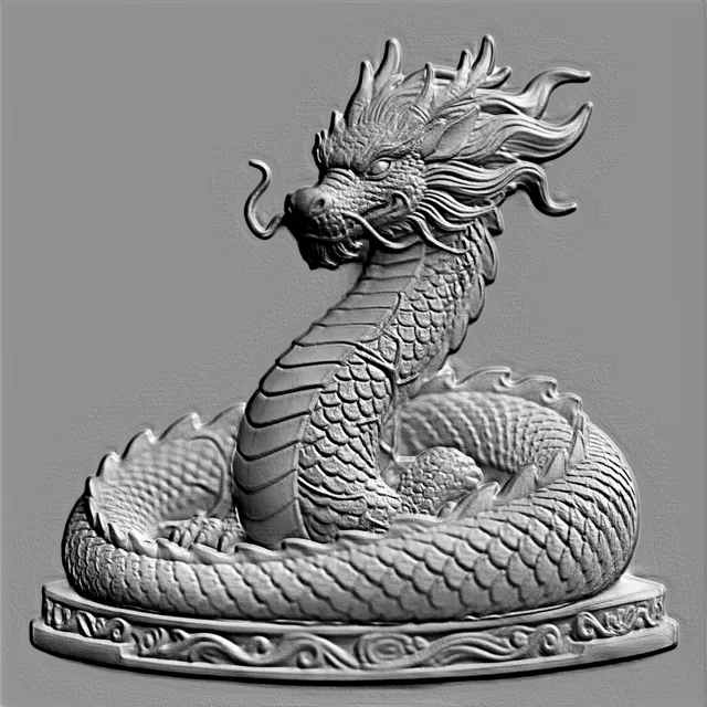 3D модель барельефного дракона на круглом основании, выполненная в стиле медальона, с высокой детализацией чешуи и гривы.