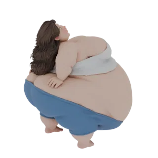 3D модель пухлой женщины с каштановыми волосами в синих шортах и белом топе, смотрящей вверх.