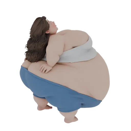 3D модель пухлой женщины с каштановыми волосами в синих шортах и белом топе, смотрящей вверх.