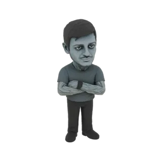 3D-рендер стилизованного мужчины с серой кожей, темными волосами, усами и скрещенными руками, стоящего на белом фоне.