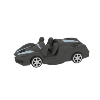 3D модель элегантного спортивного кабриолета темно-серого цвета с голубыми акцентами и мультиспицевыми колесами, вид спереди-