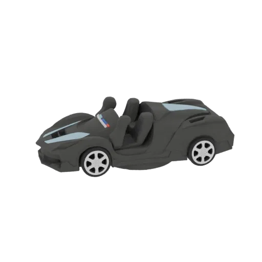 3D модель элегантного спортивного кабриолета темно-серого цвета с голубыми акцентами и мультиспицевыми колесами, вид спереди-