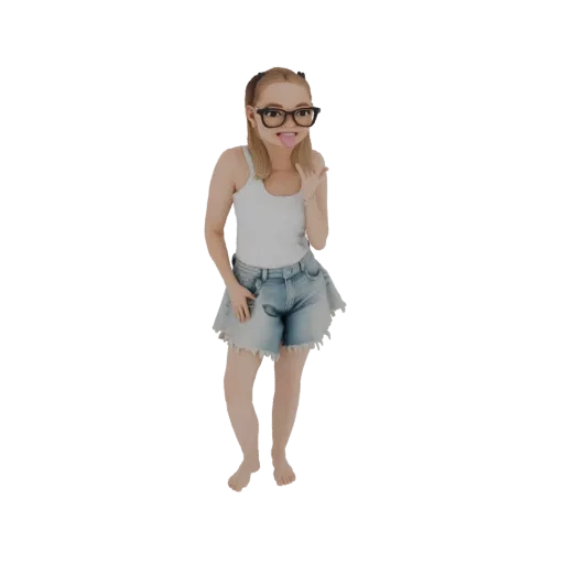 3D модель юной девочки со светлыми хвостиками, в очках, игриво высовывающей язык, одетой в майку и джинсовые шорты.
