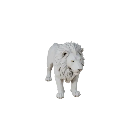 Низкополигональная 3D-модель белого льва, вид сбоку в игровом ракурсе, низкополигональный ассет животного с подушечками усов,