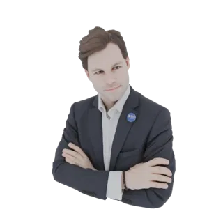 3D model of a man in a dark suit with arms crossed, looking slightly to the side with a neutral expression.