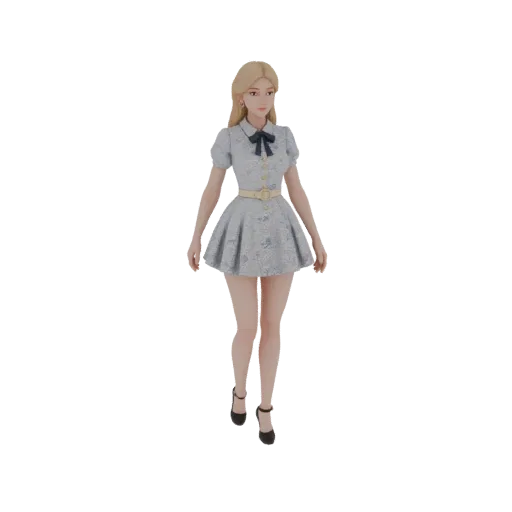 3D модель девушки в голубом платье с бантом и поясом, стоящая в полный рост.