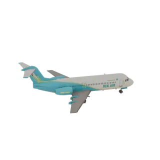 3D модель пассажирского самолета Bek Air в сине-белой ливрее, вид сбоку.