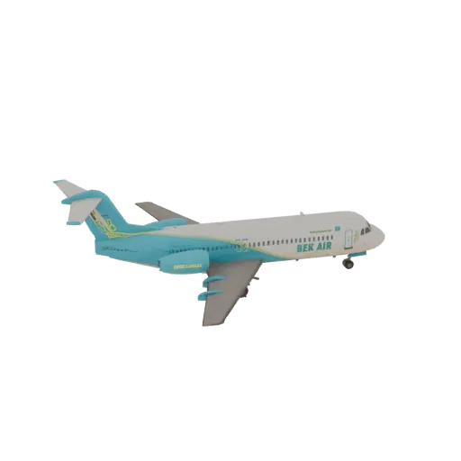 3D модель пассажирского самолета Bek Air в сине-белой ливрее, вид сбоку.