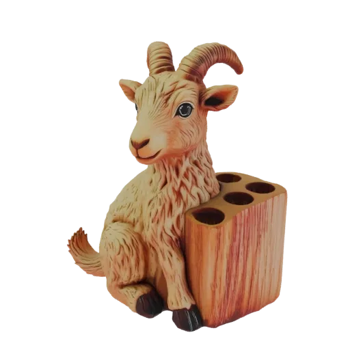 3D модель светло-коричневой козы, сидящей рядом с деревянным держателем для ручек с несколькими отверстиями.