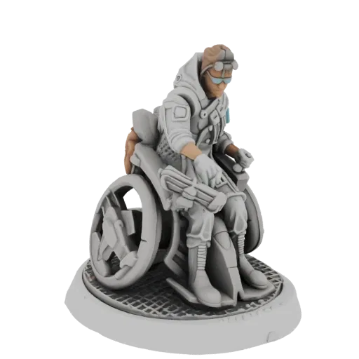 3D модель солдата будущего в футуристическом инвалидном кресле, в очках и с оружием.