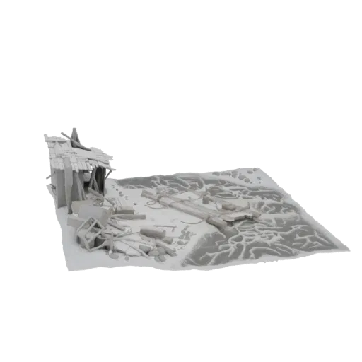 3D модель маленькой полуразрушенной деревянной хижины с разбитой крышей, окруженной разбросанными бревнами и обломками на тек