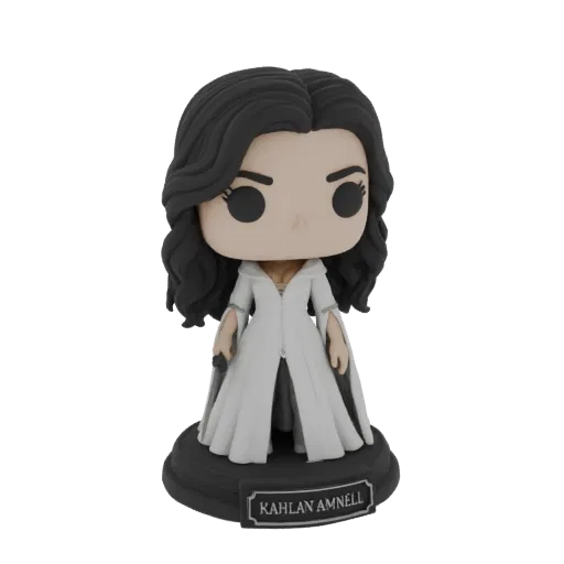 3D модель Калан Амнелл в стиле Funko Pop!, в белом платье, на черной подставке с ее именем.