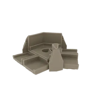3D модель модульной угловой полки с центральным отсеком и несколькими полками, отображенная в нейтральном бежевом цвете.