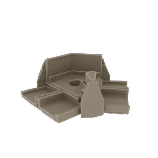 3D модель модульной угловой полки с центральным отсеком и несколькими полками, отображенная в нейтральном бежевом цвете.