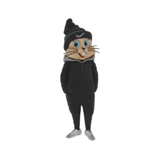 3D модель милого мультяшного кролика-маскота в черной шапке, сером худи и штанах, стоящего с руками в карманах.