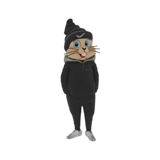 3D модель милого мультяшного кролика-маскота в черной шапке, сером худи и штанах, стоящего с руками в карманах.