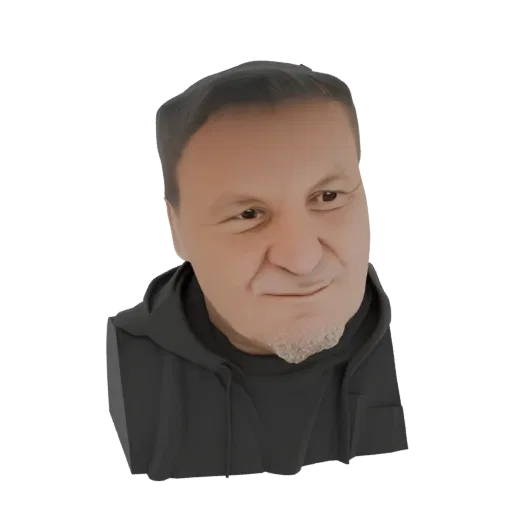 Рендер 3D модели мужского бюста в темном худи, с нейтральным выражением лица и детализированными чертами.