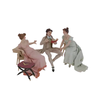 3D-модель сцены чтения эпохи Регентства с тремя фигурами в одежде того периода, один мужчина читает, две женщины слушают.