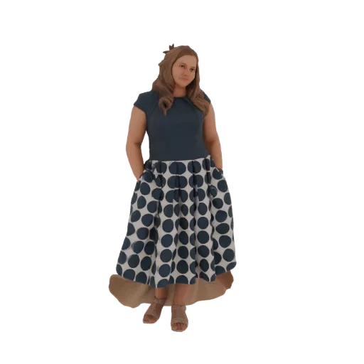 3D модель женщины с дружелюбной улыбкой, в синем топе и пышной юбке в горошек, с руками в карманах.