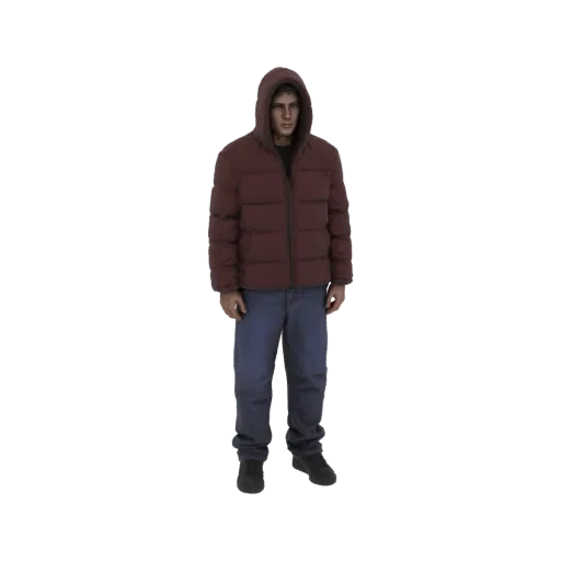 3D модель мужчины в стеганой куртке бордового цвета и синих джинсах, стоящего с нейтральным выражением лица.