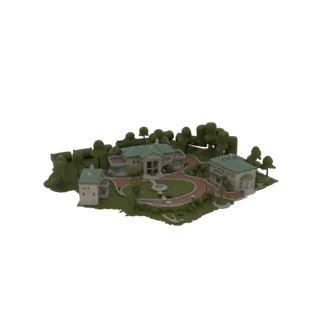 3D модель величавого поместья с большим особняком, меньшим гостевым домом и окружающими садами с деревьями и дорожками.