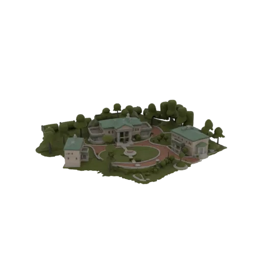 3D модель величавого поместья с большим особняком, меньшим гостевым домом и окружающими садами с деревьями и дорожками.