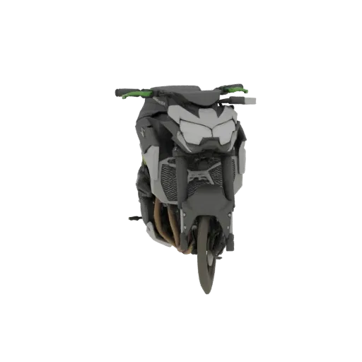 Вид спереди 3D модели мотоцикла Kawasaki Z900 серо-черного цвета с зеленым рулем.