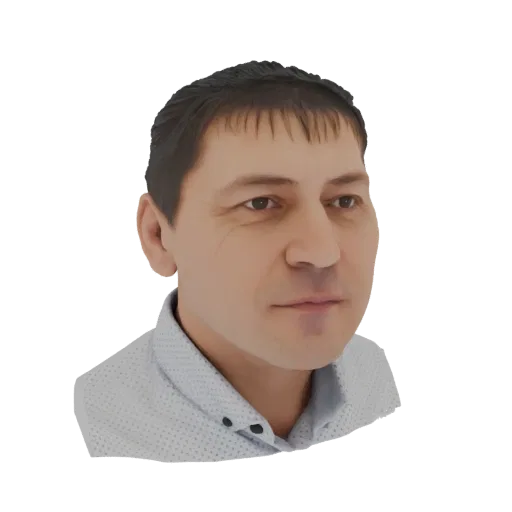 Рендер 3D модели мужчины с короткими темными волосами в светло-голубой рубашке с узором.