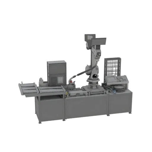 Печатаемая 3D-модель ячейки сборочного робота, изометрический рендер STL, показывающий окрашенный металл, машинные станции.