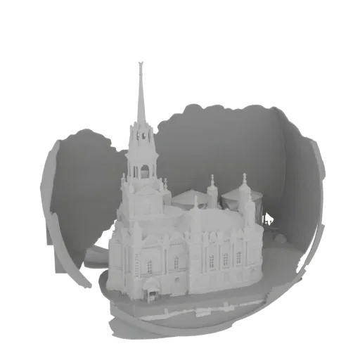 3D модель детализированной церкви в стиле барокко с высоким шпилем и несколькими куполами на белом фоне.