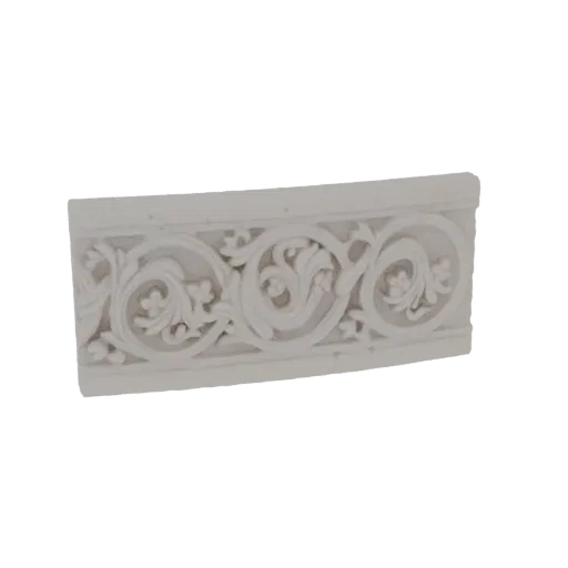 3D модель белого архитектурного карниза с замысловатым цветочным орнаментом и закрученными листьями.
