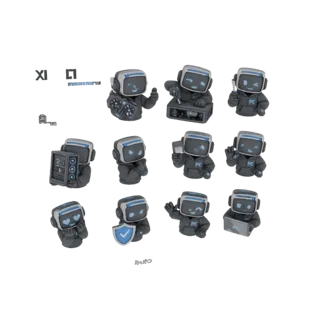 3D model of a cute, grey robot wearing a hoodie and holding a blue shield with a white checkmark.