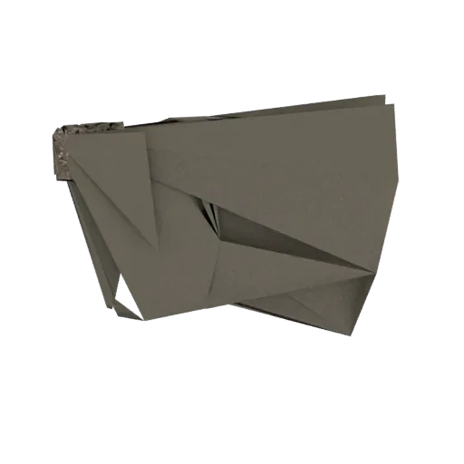 3D-рендер геометрической скульптуры с острыми, сложенными плоскостями, напоминающей сложное оригами, с матовой, похожей на ка