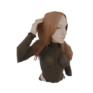AI-сгенерированная 3D-модель женщины с рыжими волосами в черном боди с высоким воротом, позирующая с рукой у головы.